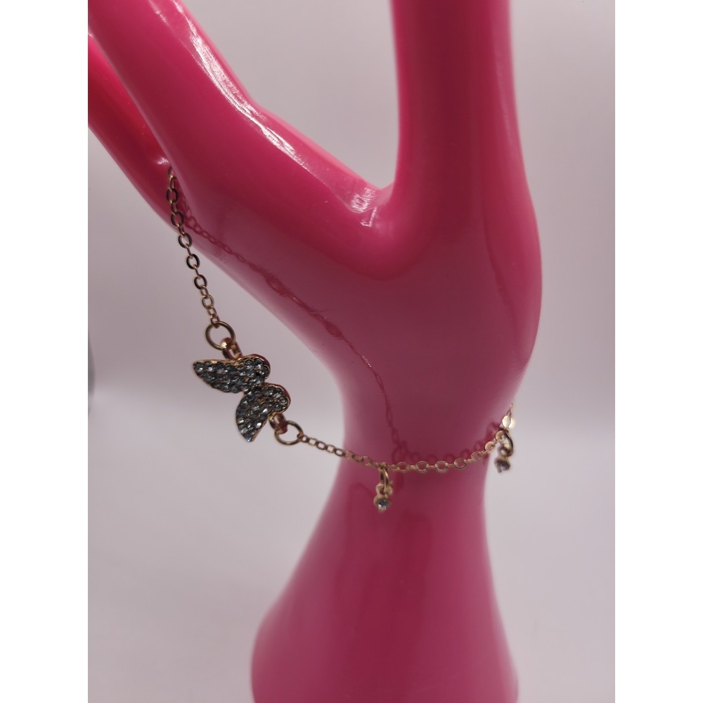 Gold Tone Butterfly Charm Bracelet Clear Rhinestone Dangle Adjustable Chain